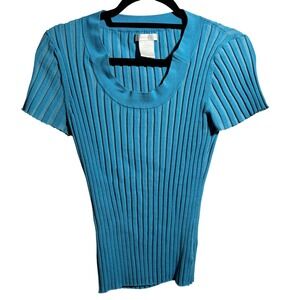 VTG Y2K Blue Ribbed Silk Blend Short Sleeve Lettuce Hem Fitted Top Scoop Neck L*